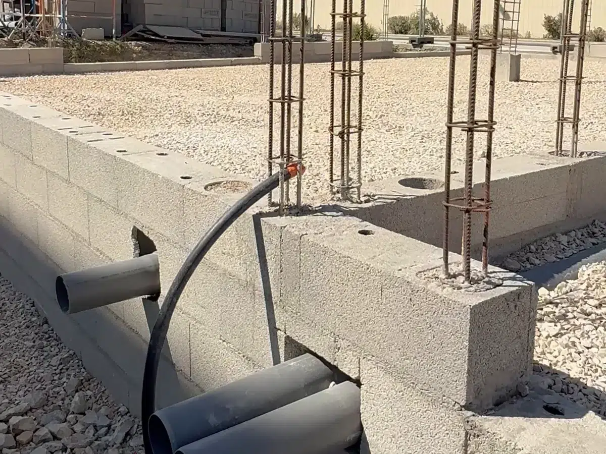 Soubassement en blocs de béton traversé par des gaines, avec les armatures des poteaux en attente, sur un chantier à Vedène